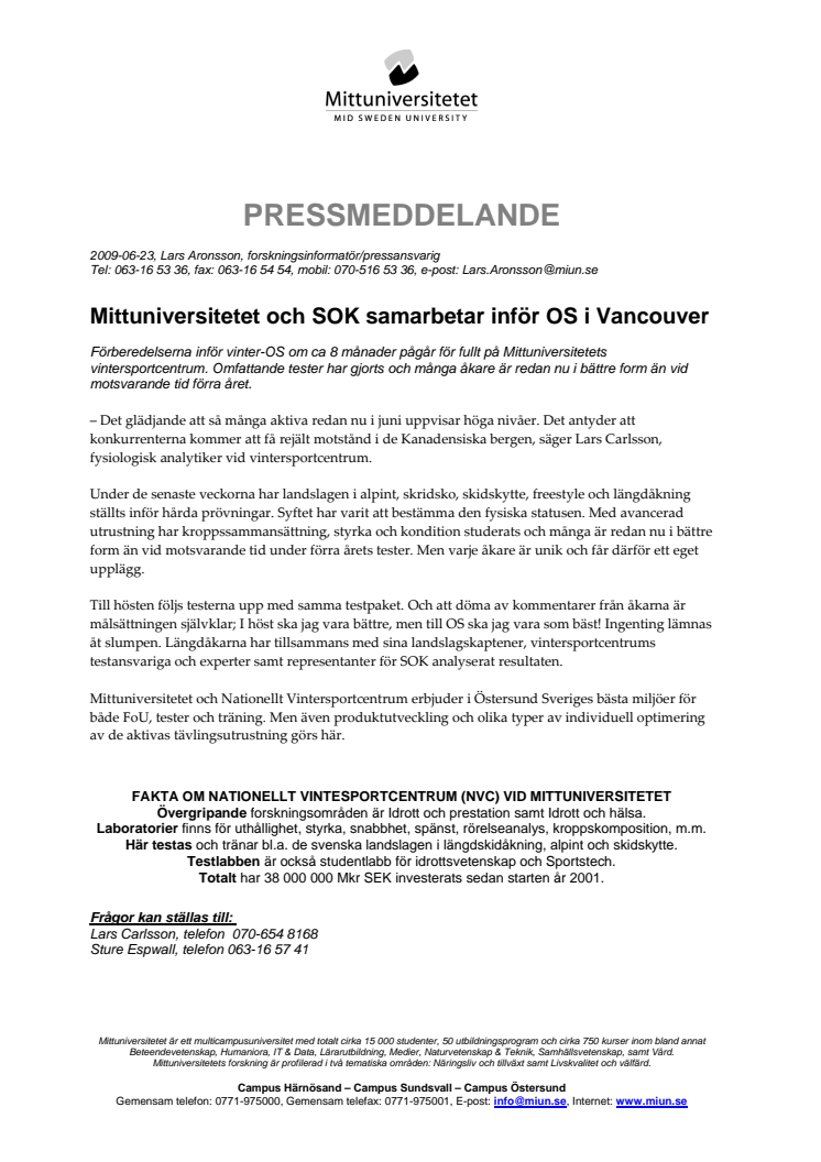 Mittuniversitetet och SOK samarbetar inför OS i Vancouver