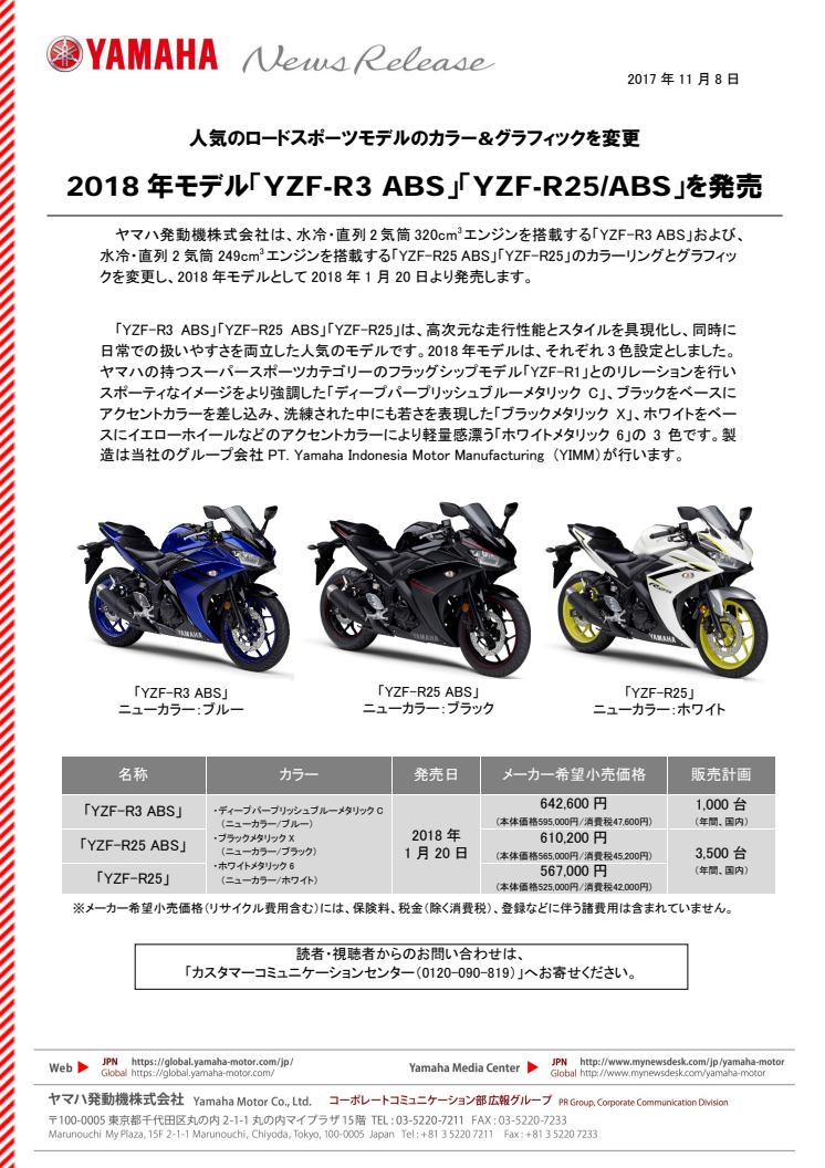 2018年モデル「YZF-R3 ABS」「YZF-R25/ABS」を発売　人気のロードスポーツモデルのカラー&グラフィックを変更