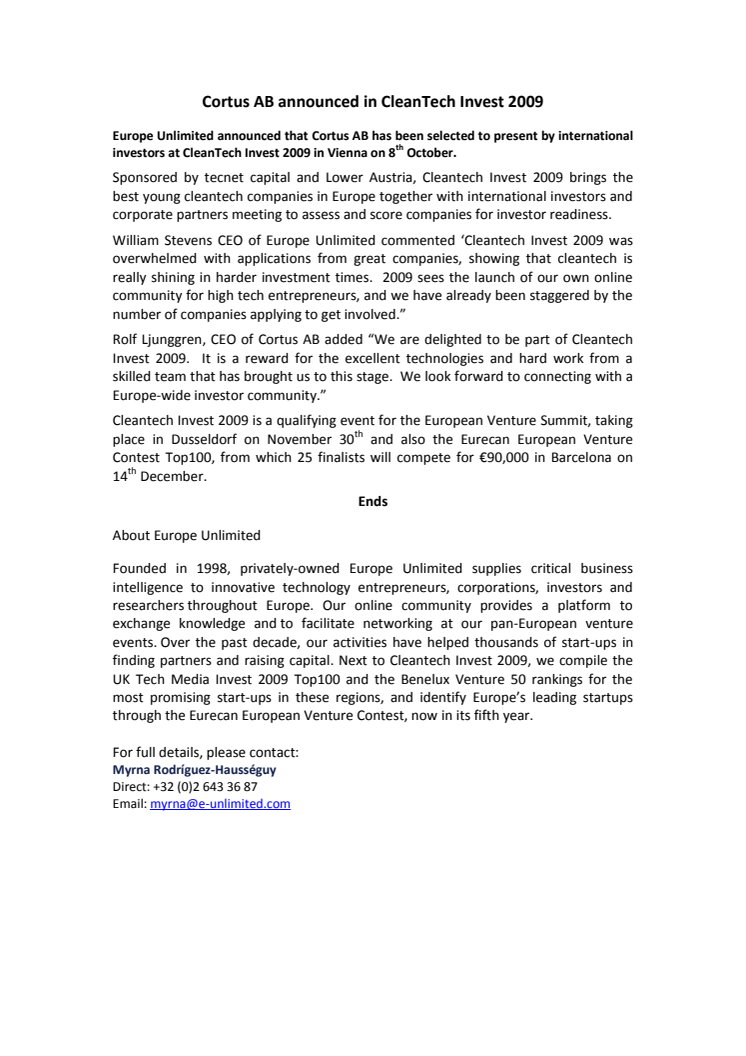 Cortus AB announced in CleanTech Invest 2009 