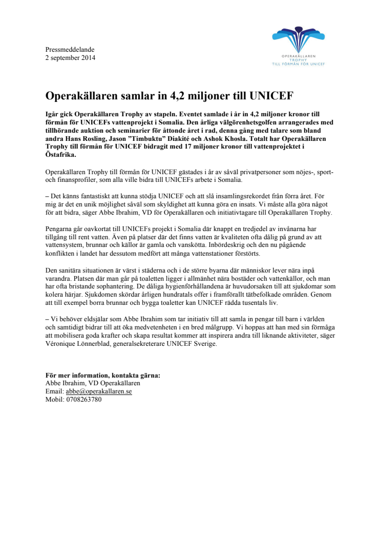 Operakällaren samlar in 4,2 miljoner till UNICEF