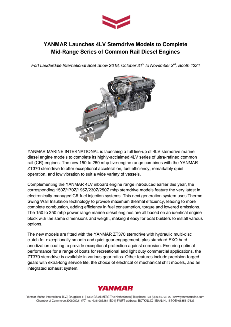 YANMAR Launches 4LV Sterndrive Models to Complete Mid-Range Series of Common Rail Diesel Engines