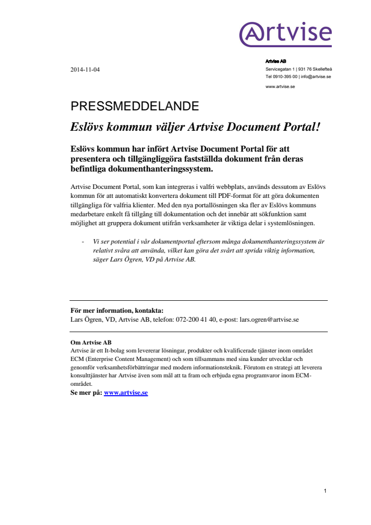 Eslövs kommun väljer Artvise Document Portal!