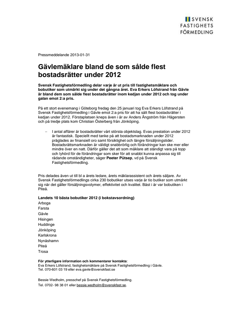 Gävlemäklare bland de som sålde flest bostadsrätter under 2012