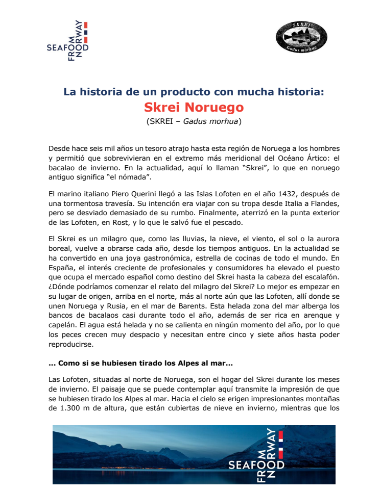 La historia de un producto con mucha historia: Skrei Noruego  (SKREI – Gadus morhua)