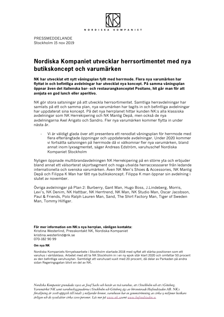 Nordiska Kompaniet utvecklar herrsortimentet med nya butikskoncept och varumärken