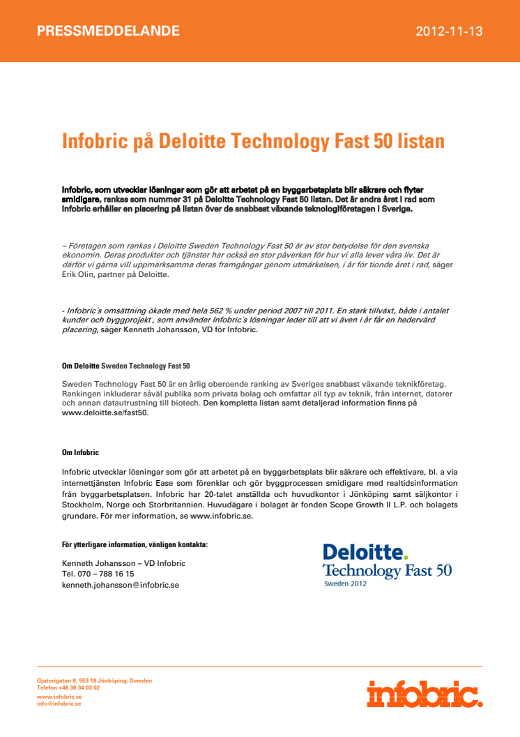 Infobric på Deloitte Technology Fast 50 listan
