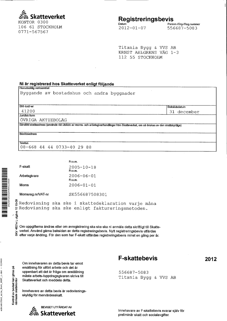 Titanias F-skattebevis från Skatteverket för 2012