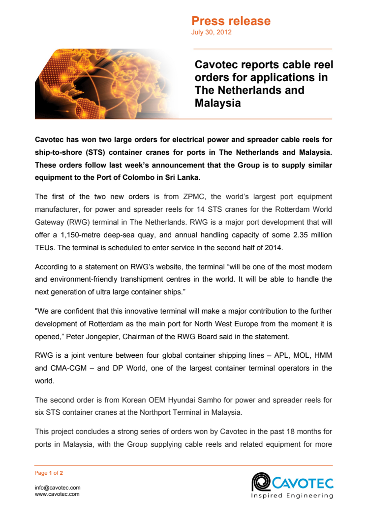 Cavotec reports cable reel orders for applications in The Netherlands and Malaysia