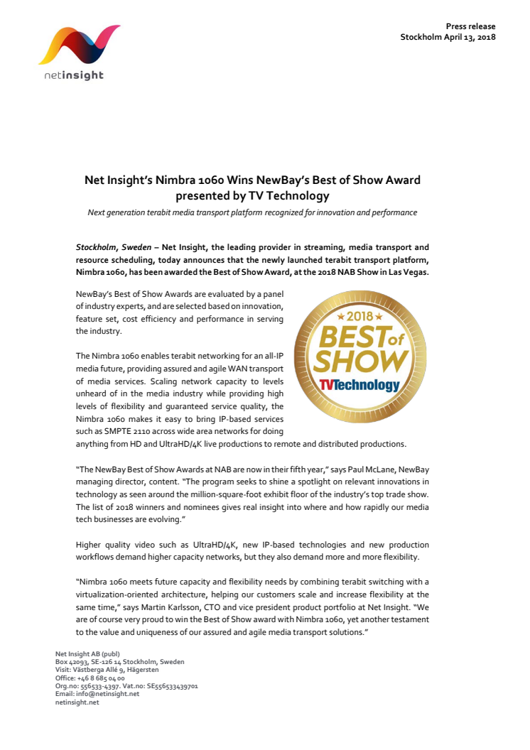 Net Insight’s Nimbra 1060 Wins NewBay’s Best of Show Award presented by TV Technology