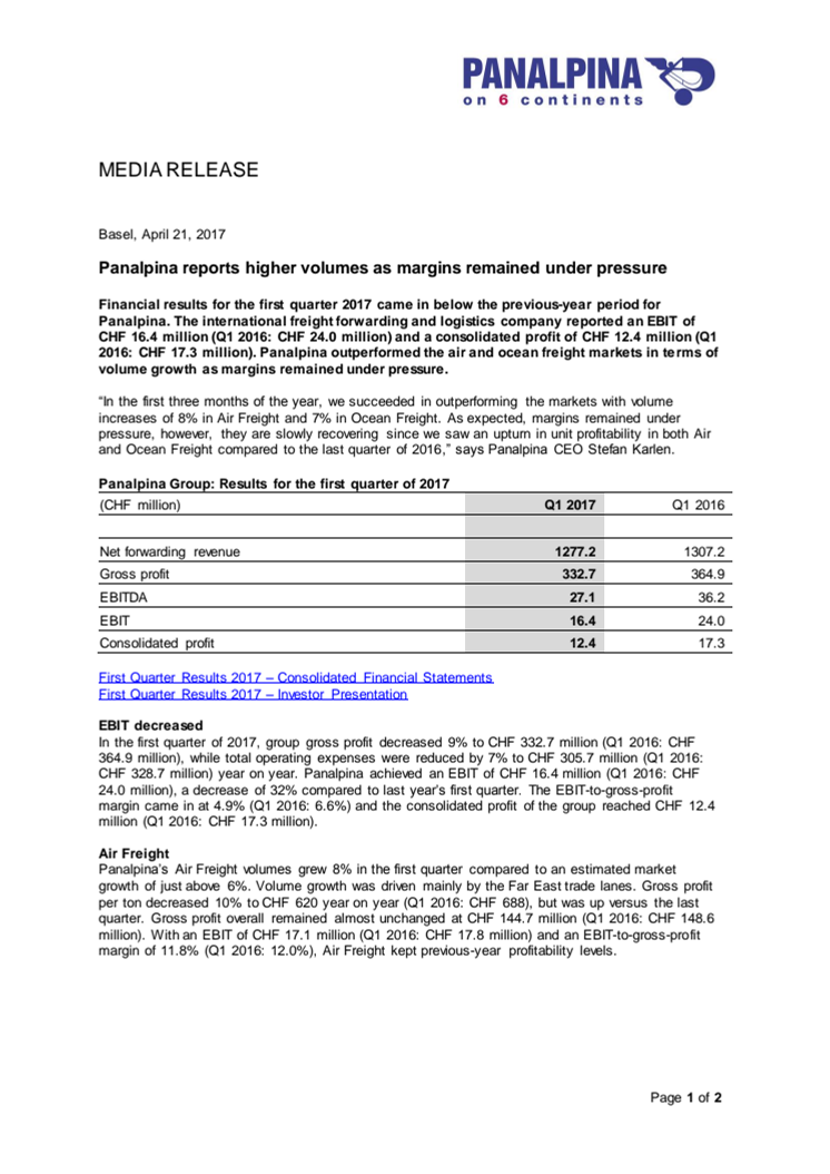 Panalpina reports higher volumes as margins remained under pressure