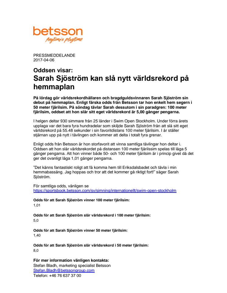 Sarah Sjöström kan slå nytt världsrekord på hemmaplan