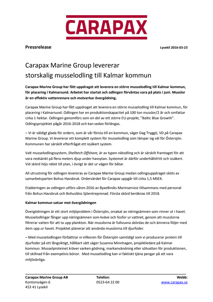 ​Carapax Marine Group levererar storskalig musselodling till Kalmar kommun
