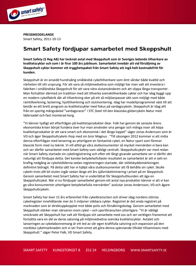Smart Safety fördjupar samarbetet med Skeppshult