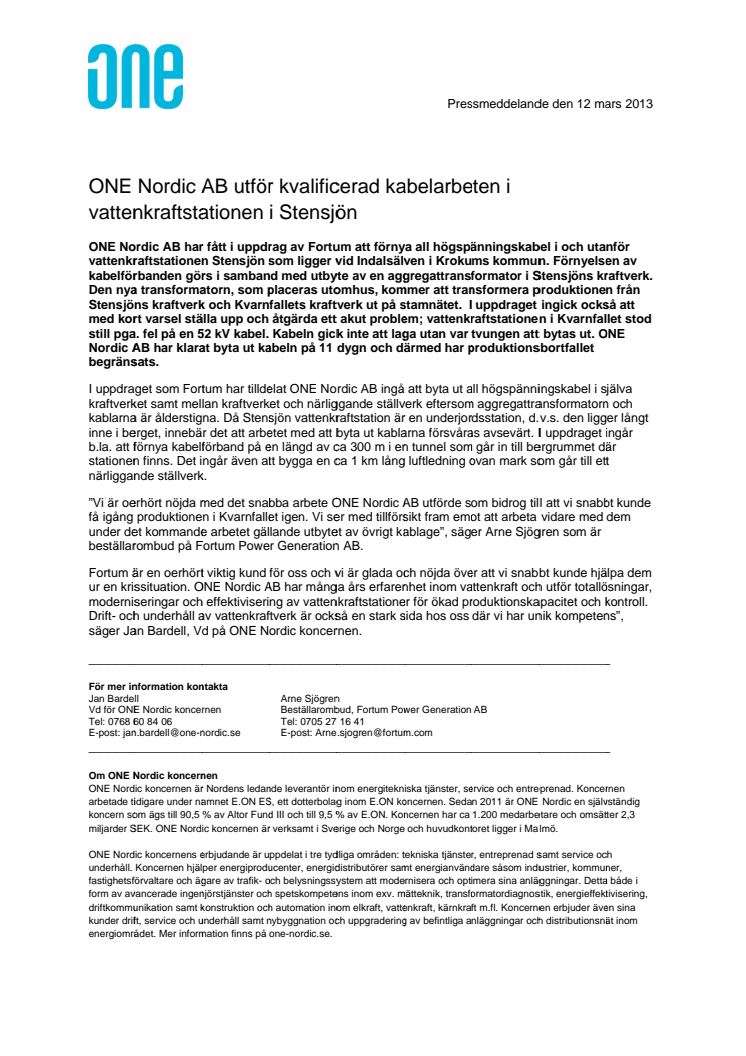 ONE Nordic AB utför kvalificerad kabelarbeten i vattenkraftstationen i Stensjön