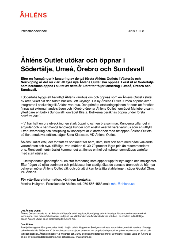 Åhléns Outlet utökar och öppnar i Södertälje, Umeå, Örebro och Sundsvall