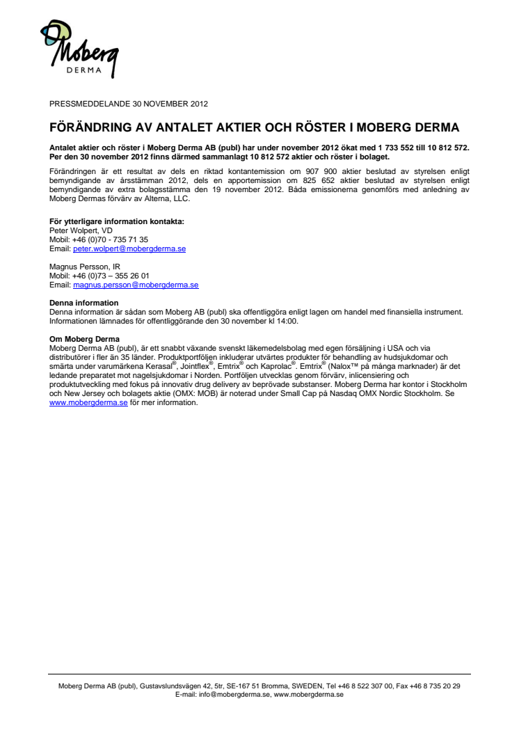 FÖRÄNDRING AV ANTALET AKTIER OCH RÖSTER I MOBERG DERMA