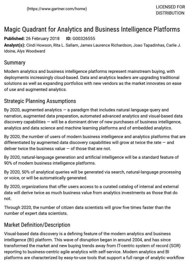 Gartner’s Magic Quadrant 2018 - Analytics and Business Intelligence Platforms 