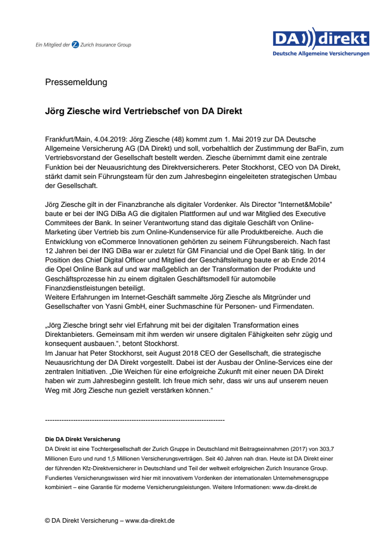 Jörg Ziesche wird Vertriebschef von DA Direkt 