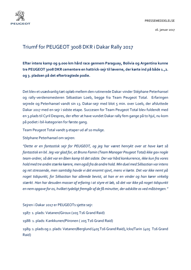 Triumf for PEUGEOT 3008 DKR i Dakar Rally 2017