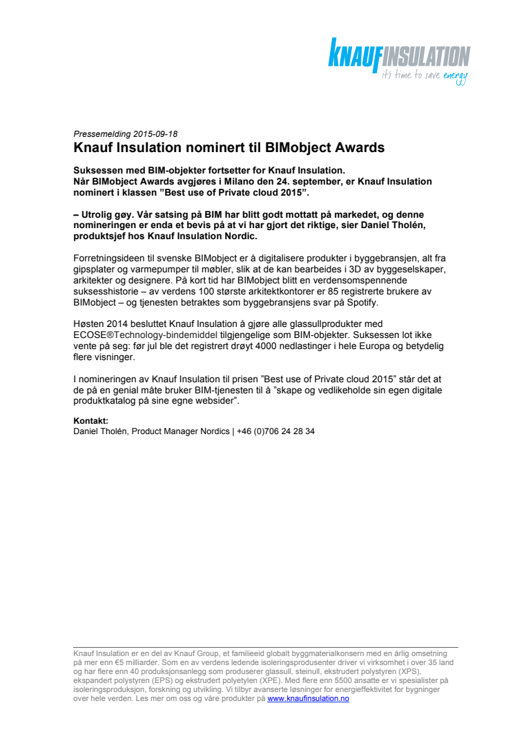 Knauf Insulation nominert til BIMobject Awards