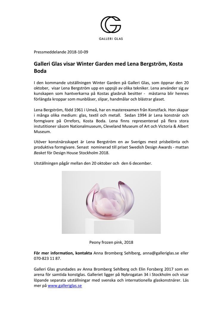 Galleri Glas visar Winter Garden med Lena Bergström, Kosta Boda