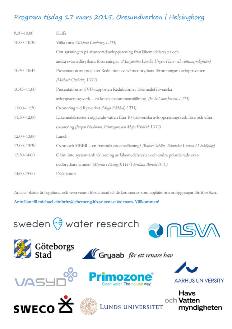 Seminarium om läkemedelsrester och andra svårnedbrytbara föroreningar i avloppsvatten