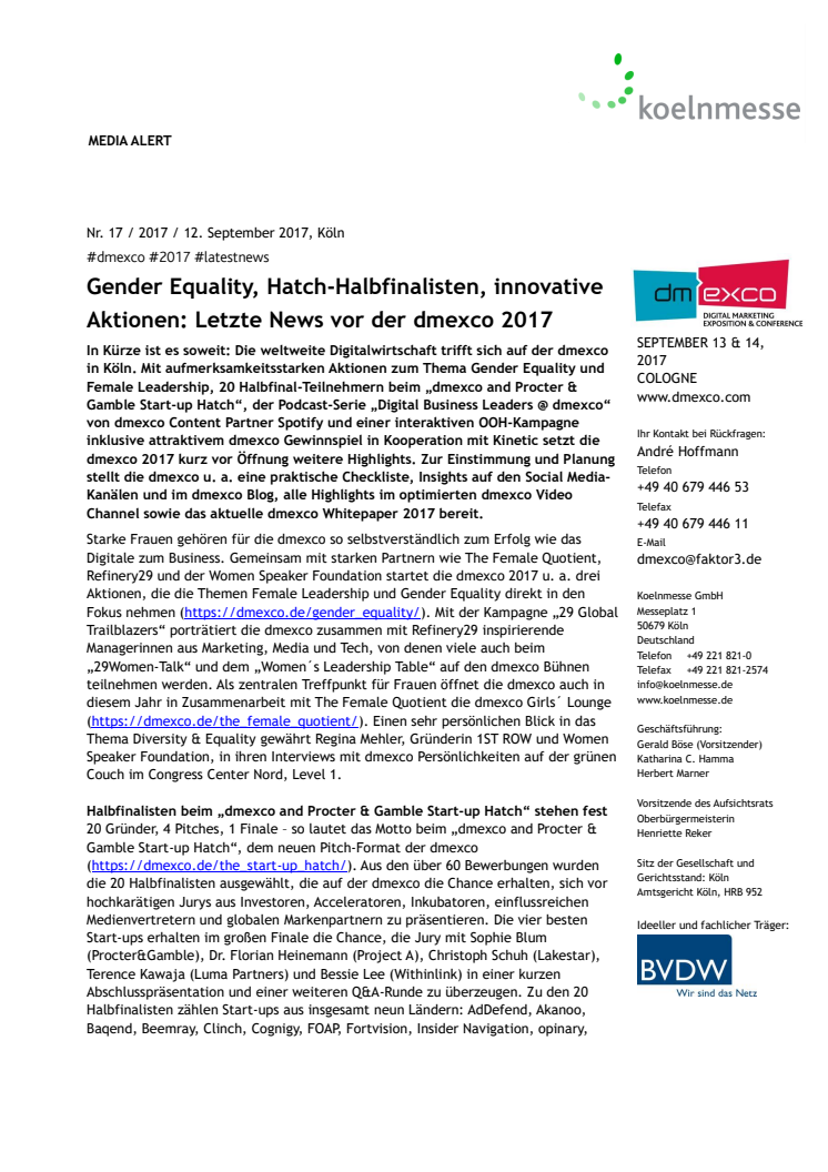 Gender Equality, Hatch-Halbfinalisten, innovative Aktionen: Letzte News vor der dmexco 2017