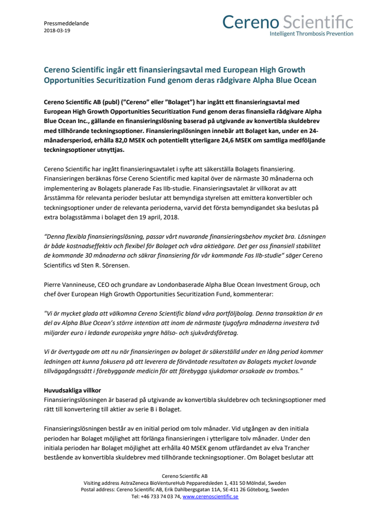 Cereno Scientific ingår ett finansieringsavtal med European High Growth Opportunities Securitization Fund genom deras rådgivare Alpha Blue Ocean