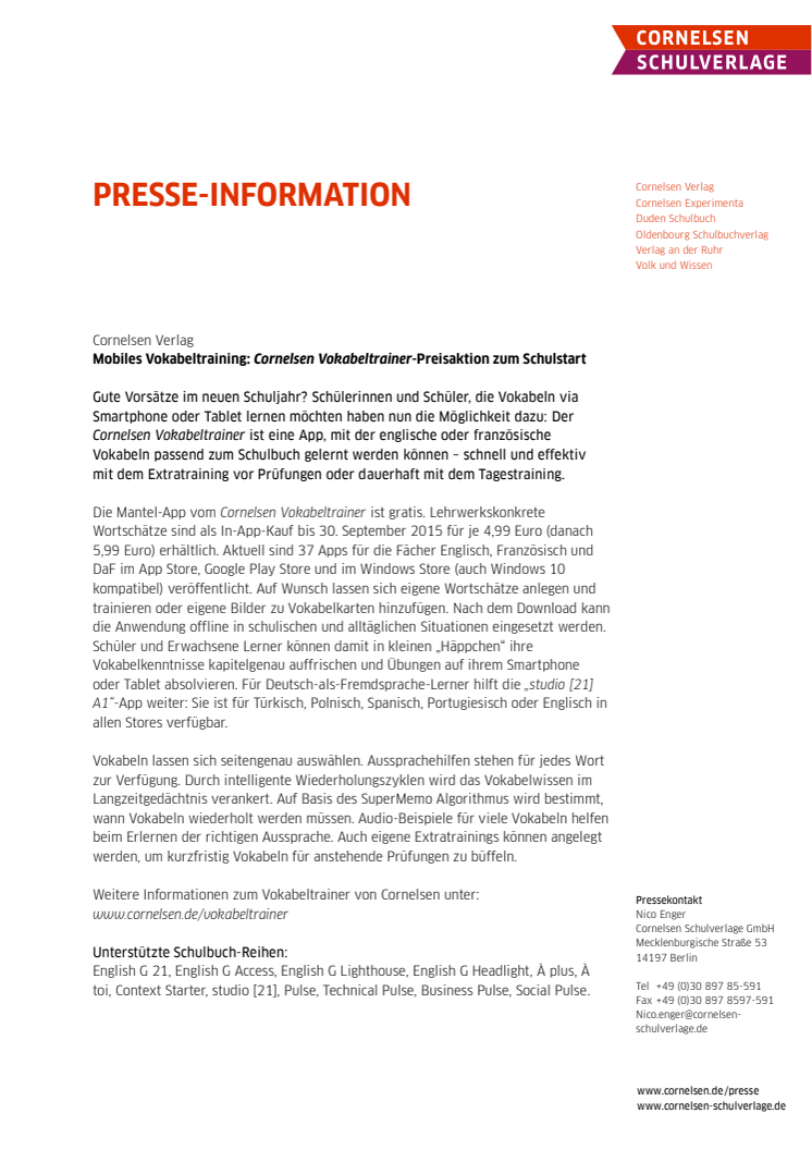 Mobiles Vokabeltraining passend zum Schulbuch: Cornelsen Vokabeltrainer-Preisaktion zum Schulstart 