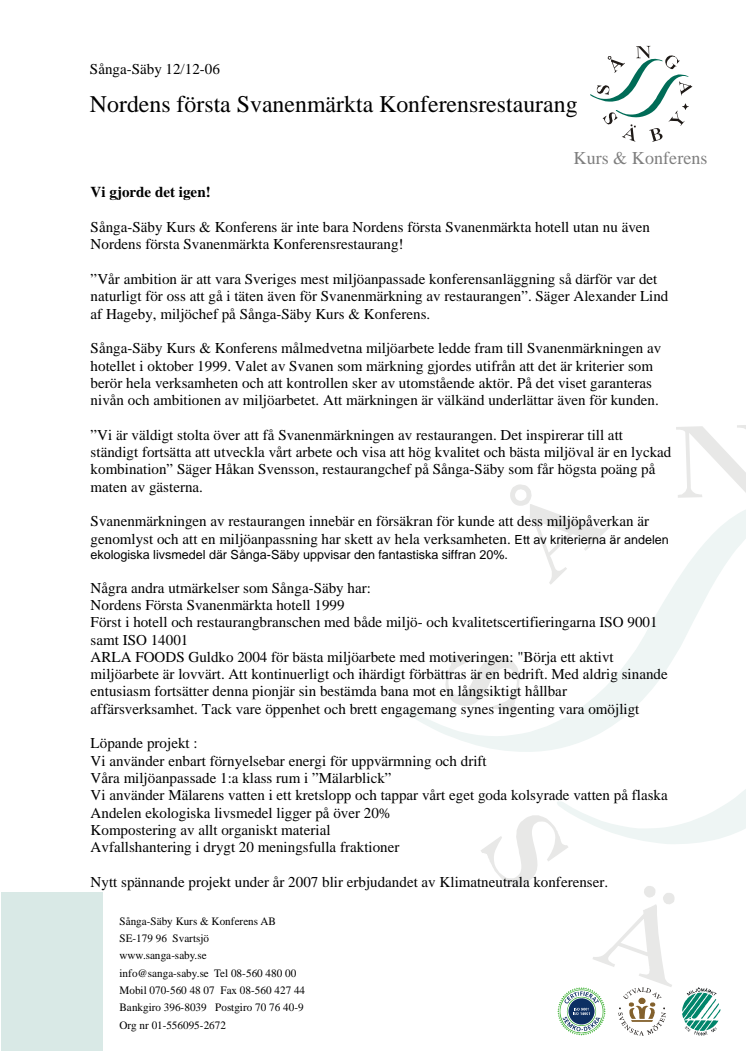 Nordens första Svanenmärkta Konferensrestaurang