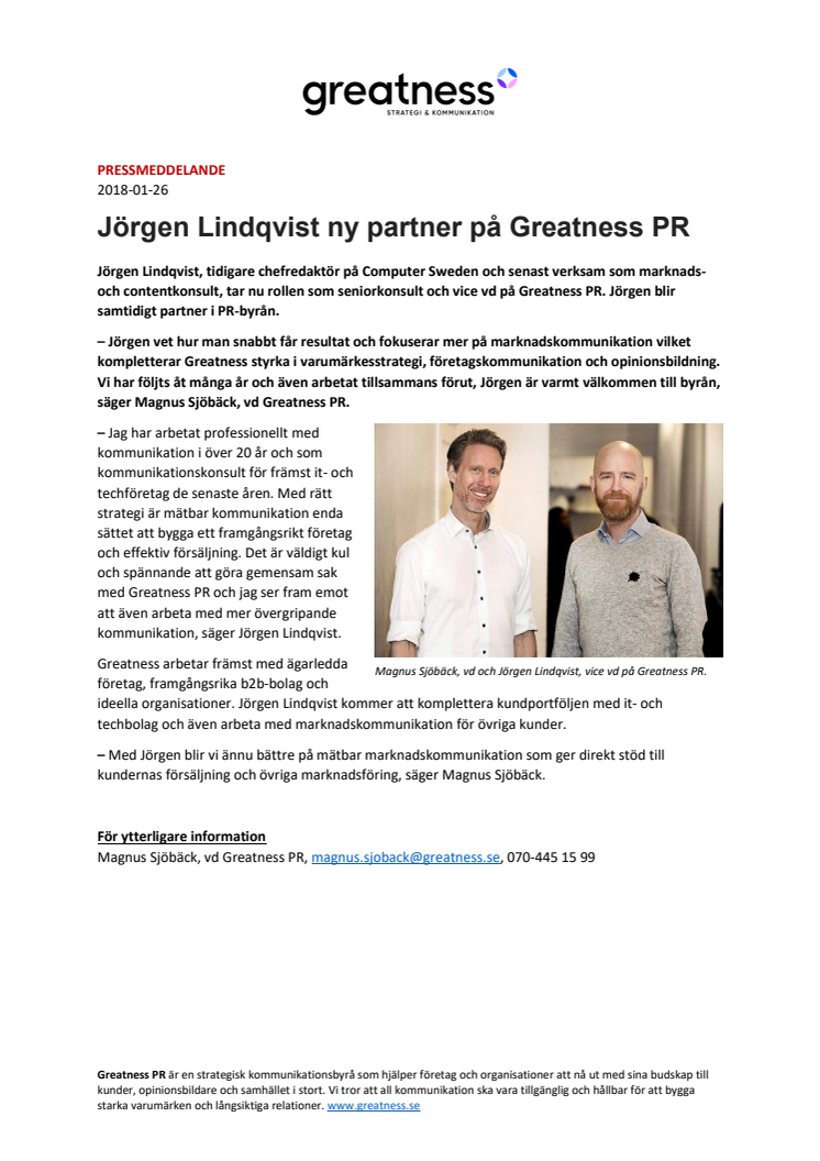 Jörgen Lindqvist ny partner på Greatness PR