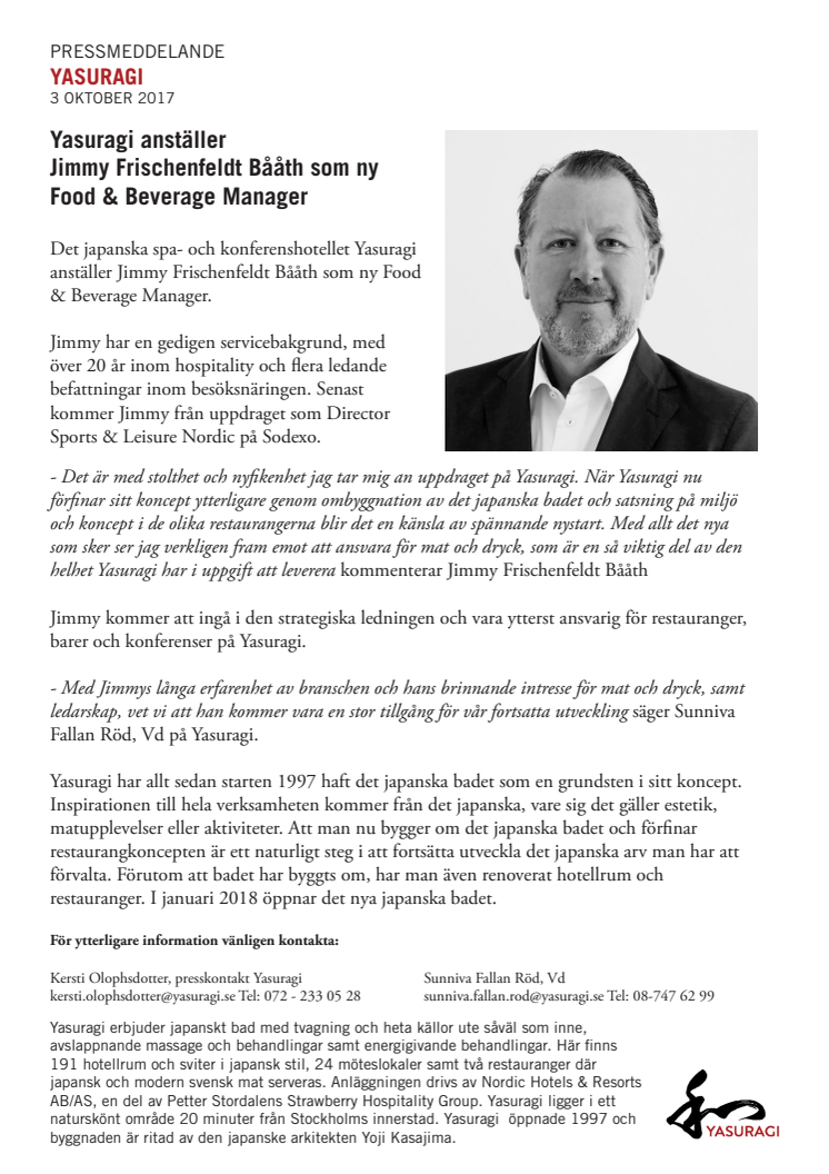 Yasuragi anställer Jimmy Frischenfeldt Bååth som ny Food & Beverage Manager