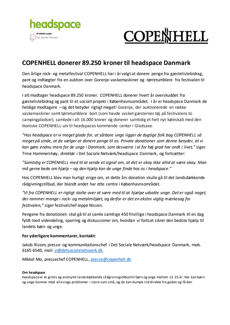 COPENHELL donerer 89.250 kroner til headspace Danmark 