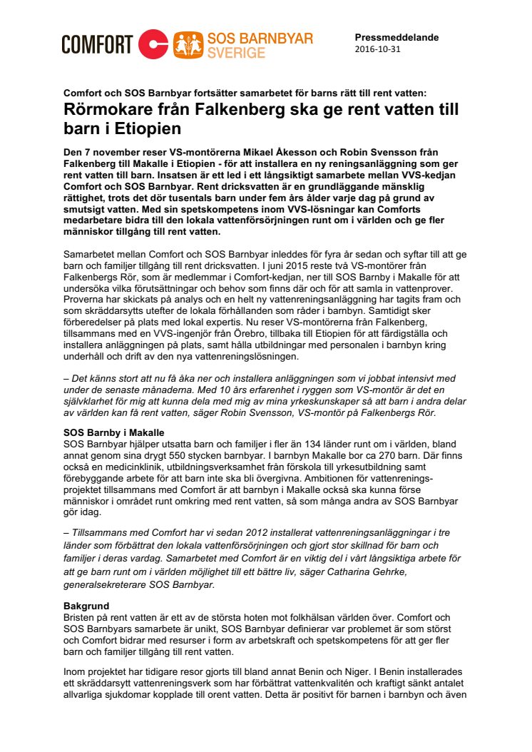 Comfort och SOS Barnbyar fortsätter samarbetet för barns rätt till rent vatten: Rörmokare från Falkenberg ska ge rent vatten till barn i Etiopien 