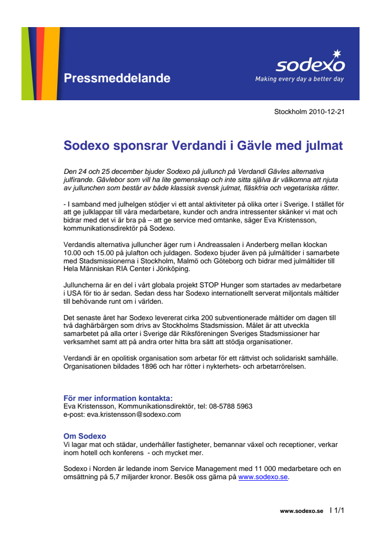 Sodexo sponsrar Verdandi i Gävle med julmat 