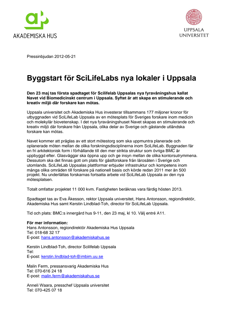 Byggstart för SciLifeLabs nya lokaler i Uppsala