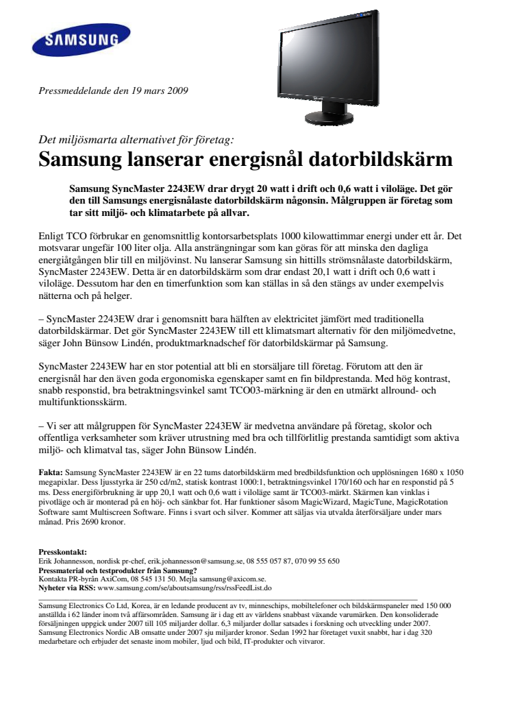 Samsung lanserar energisnål datorbildskärm