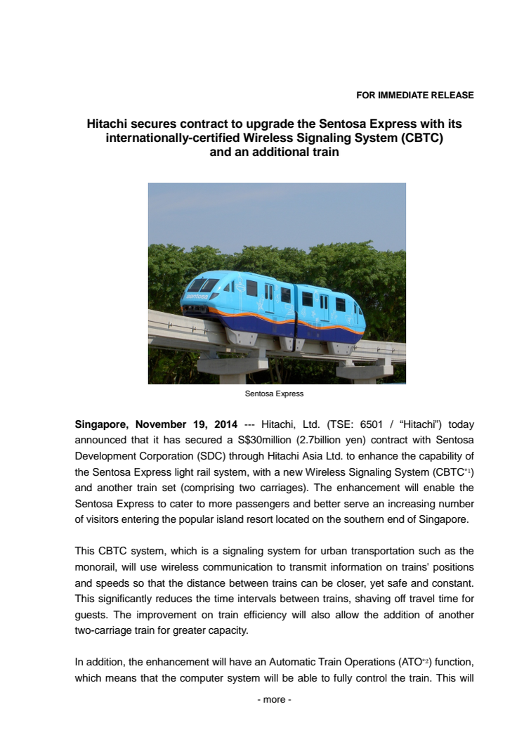 Hitachi secures contract to upgrade the Sentosa Express with its internationally-certified Wireless Signaling System (CBTC) 