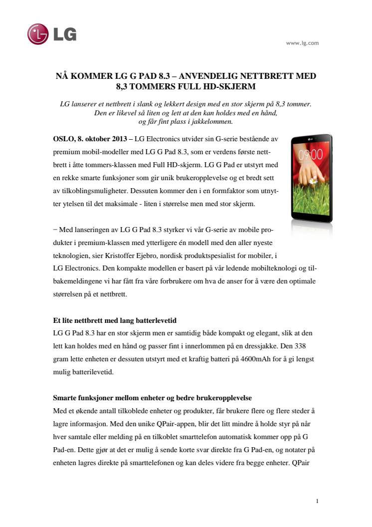 NÅ KOMMER LG G PAD 8.3 – ANVENDELIG NETTBRETT MED 8,3 TOMMERS FULL HD-SKJERM