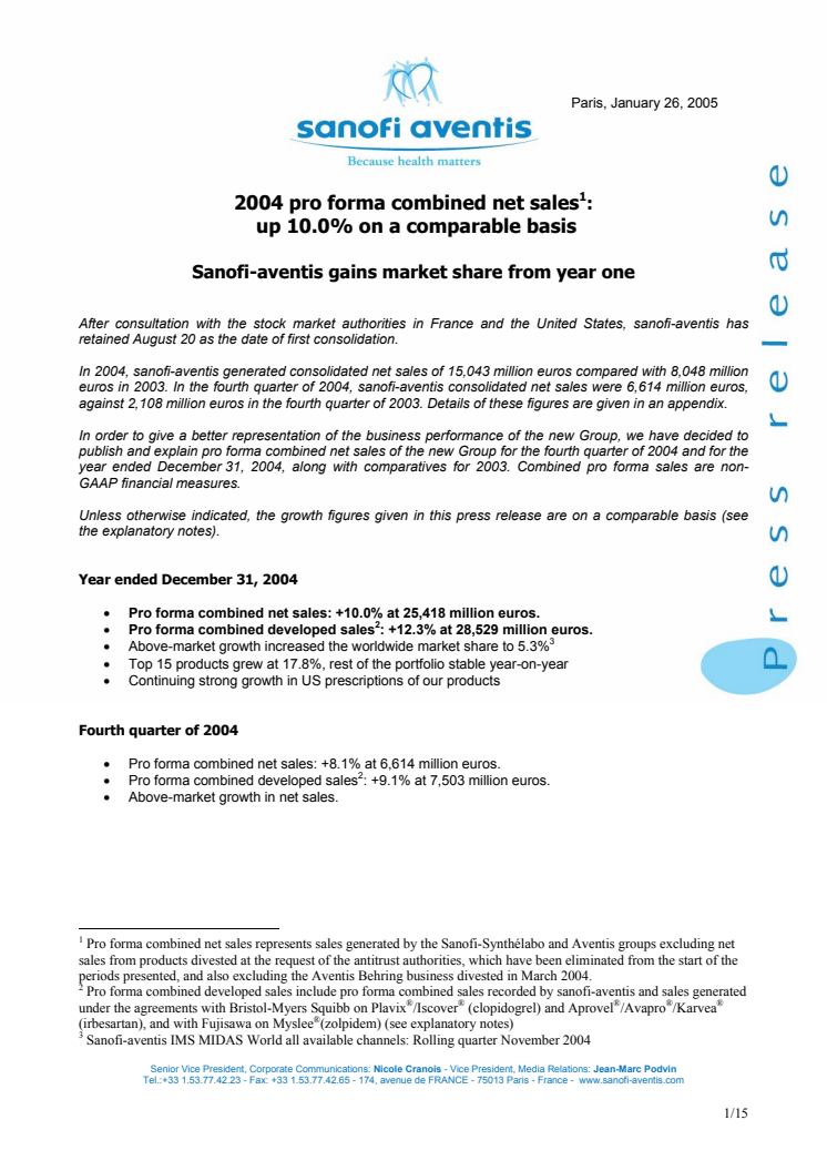 2004 pro forma combined net sales up 10.0% on a comparable basis