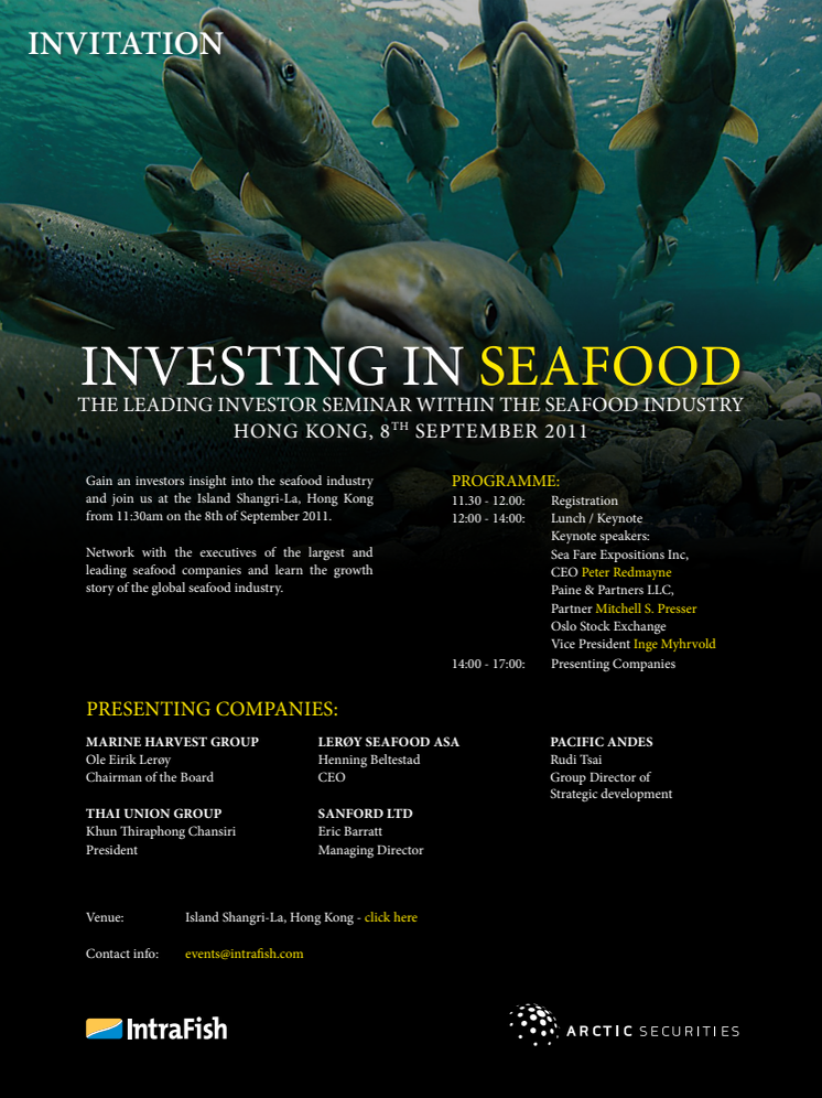 Investors and seafood executives will gather in Hong Kong next month to discuss the potential of seafood investments in Asia.