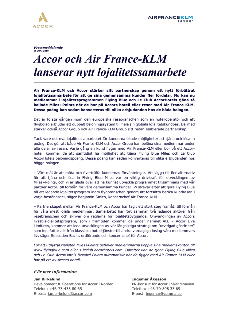 Accor och Air France-KLM lanserar nytt lojalitetssamarbete