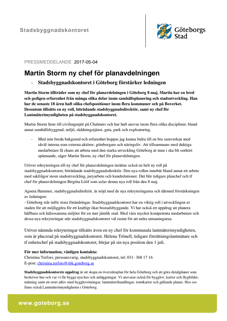 Martin Storm ny chef för planavdelningen - Stadsbyggnadskontoret i Göteborg förstärker ledningen