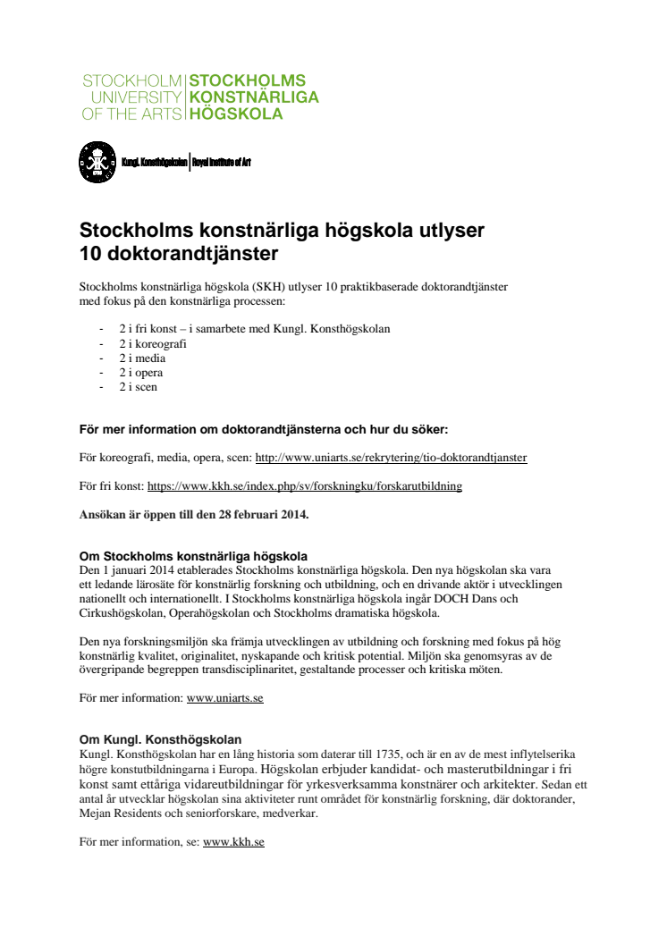 Stockholms konstnärliga högskola utlyser 10 doktorandtjänster