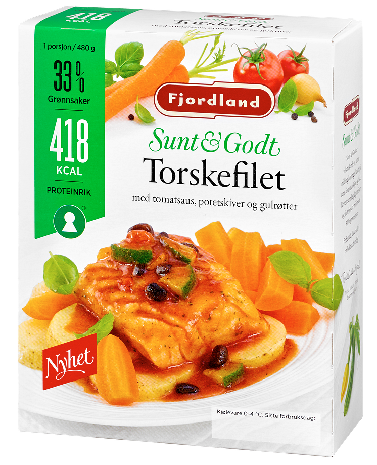 Fjordland Sunt & Godt torskefilet med tomatsaus, potetskiver og gulrot