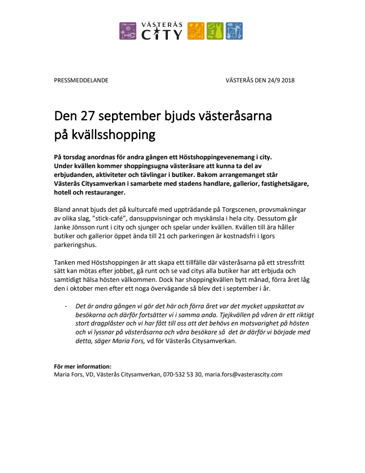 Den 27 september bjuds västeråsarna  på kvällsshopping