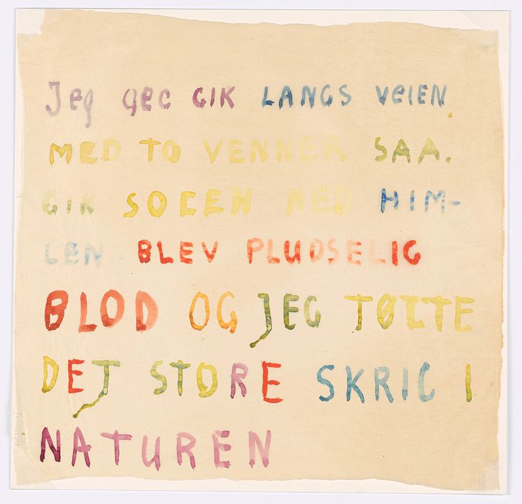 Edvard Munch: Håndskrevet tekst. "Jeg gik langs veien med to venner" (Ca 1930)