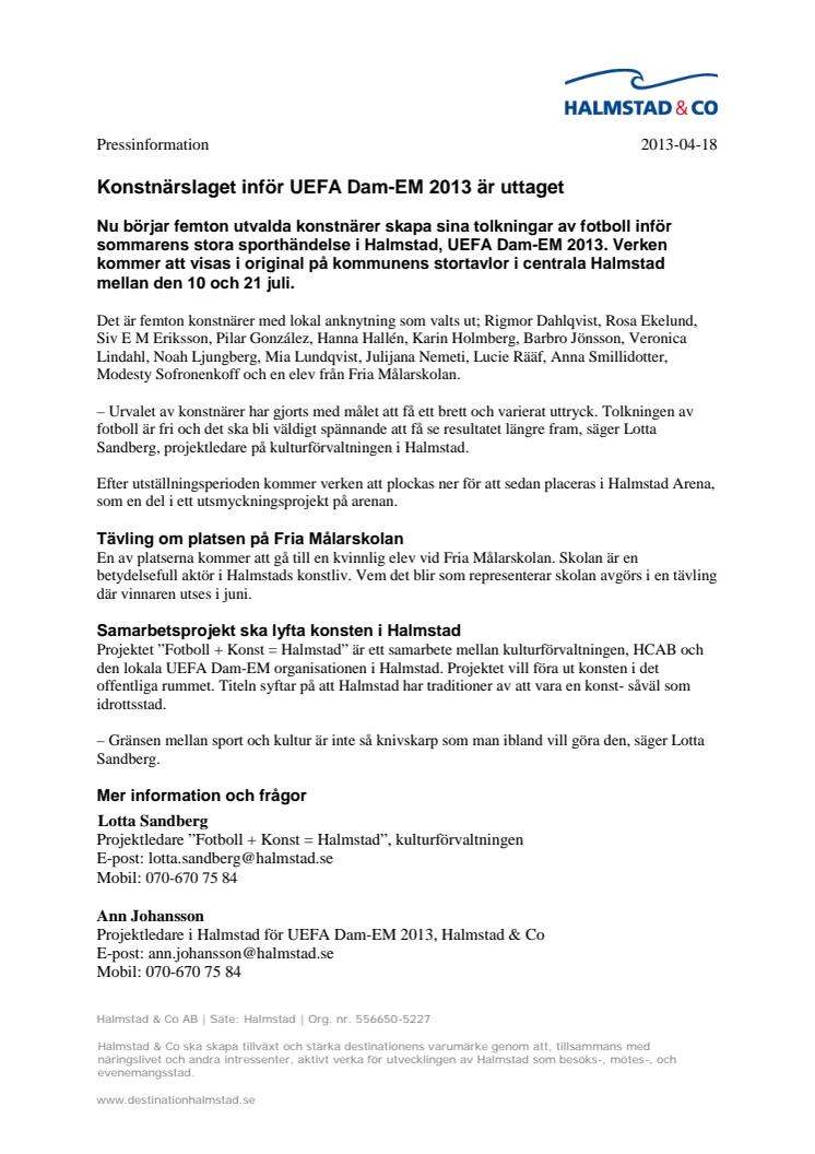 Konstnärslaget inför UEFA Dam-EM 2013 är uttaget