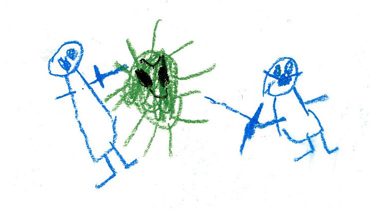 "Corona. Two children fighting Corona" Children's drawing about COVID-19 pandemic