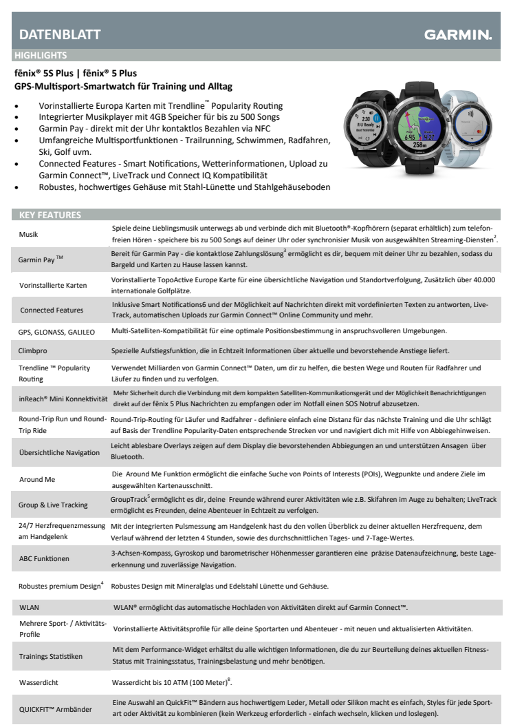 Datenblatt fēnix 5 Plus-Serie